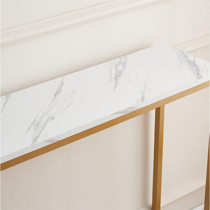 White Faux Marble and Gold Metal Double Layer Console Table