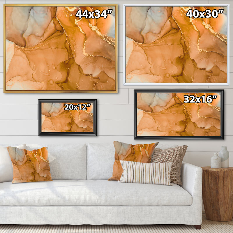 «Brown Luxury Abstract Fluid III», peinture sur toile, H 34 po x l 44 po x P 1,5 po, Cadre flottant érable