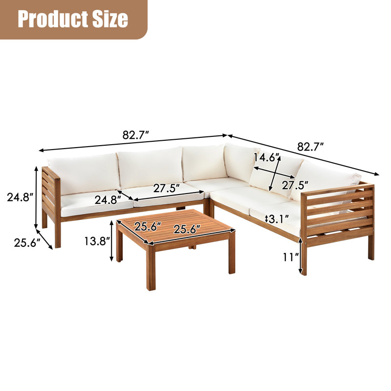 Ensemble de canapé modulaire en L en bois d'acacia avec coussins blancs et table basse