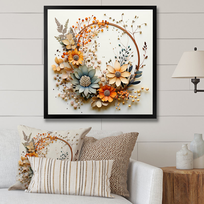 Couronne florale beige et orange I, reproduction sur toile, H 30 po x l 30 po x P 1 po, Noir