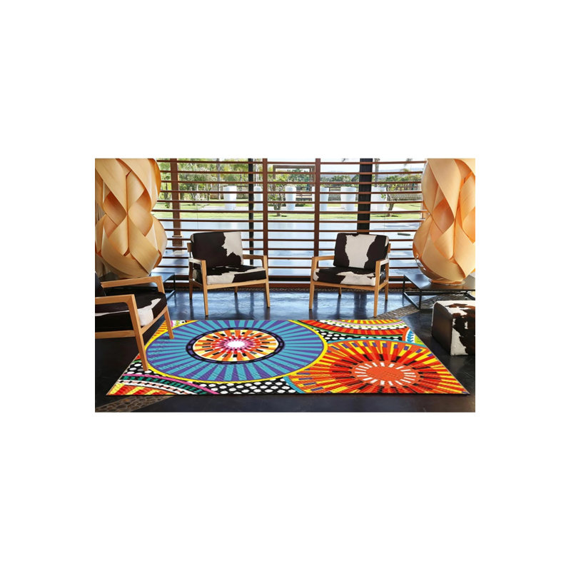 Tapis décoratif moderne avec des formes géométriques multicolores et un motif de plaque, Rectangle 3 pi 4 po x 6 pi 7 po