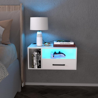Table de chevet flottante avec station de charge et lumières DEL, table de chevet flottante avec tiroirs, tables de chevet murales, pour chambre à coucher, 21,3 po x 11,8 po x 10 po, blanc