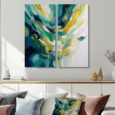 Ensemble de panneaux décoratifs muraux jaunes et turquoises complexes I - formes abstraites
