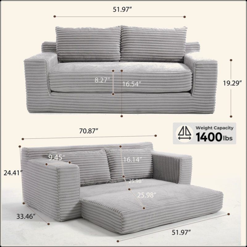 Canapé avec causeuse avec mousse à mémoire de forme et structure en acier - sans assemblage, conception convertible 2-en-1, tissu en velours côtelé - canapé compact pour les petits espaces, les appartements, le bureau à domicile et la chambre à coucher