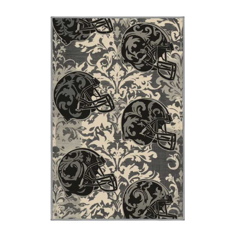 Machine Washable Takengon American Football Helmet Classic Damask Rug in Gray – Gray Binding, 4x6