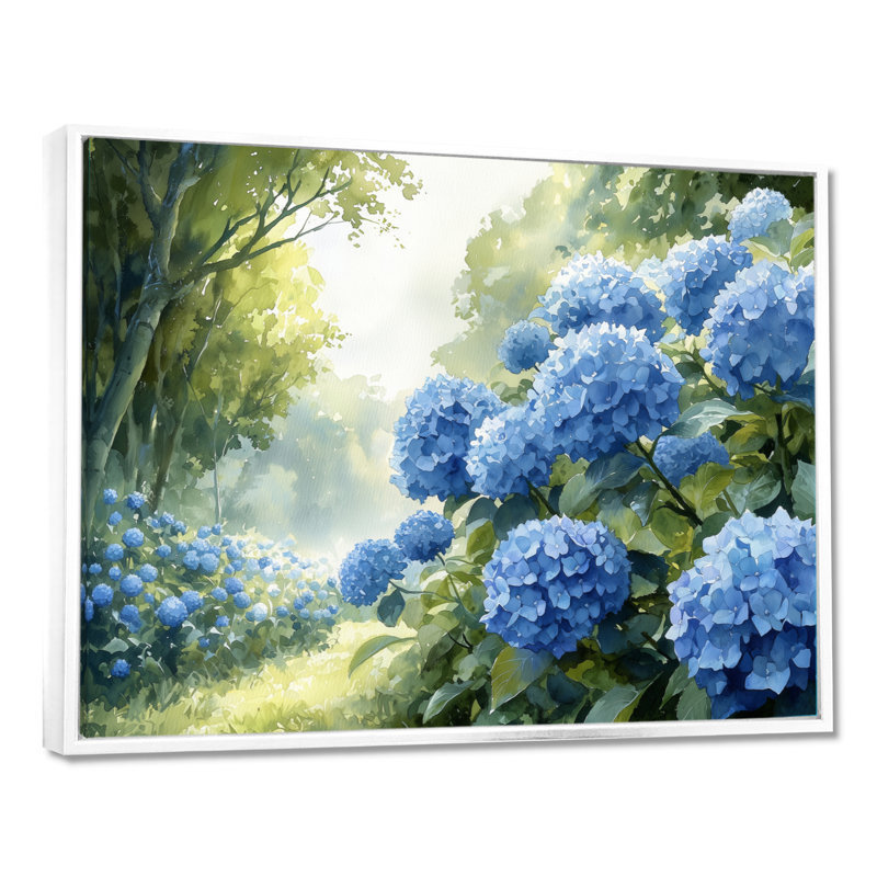 Hortensias dans le verger - hydrangées, art mural, Cadre flottant imprimé sans passe-partout, H 24 po x l 32 po, Blanc