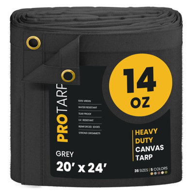 PROTARP Heavy Duty 14 OZ Water Resistant Canvas Tarp, UV Resistant Tarpaulin Cover with Rustproof Brass Grommets, Multipurpose for Canopy, Roof, Camping, Woodpile . (Grey)