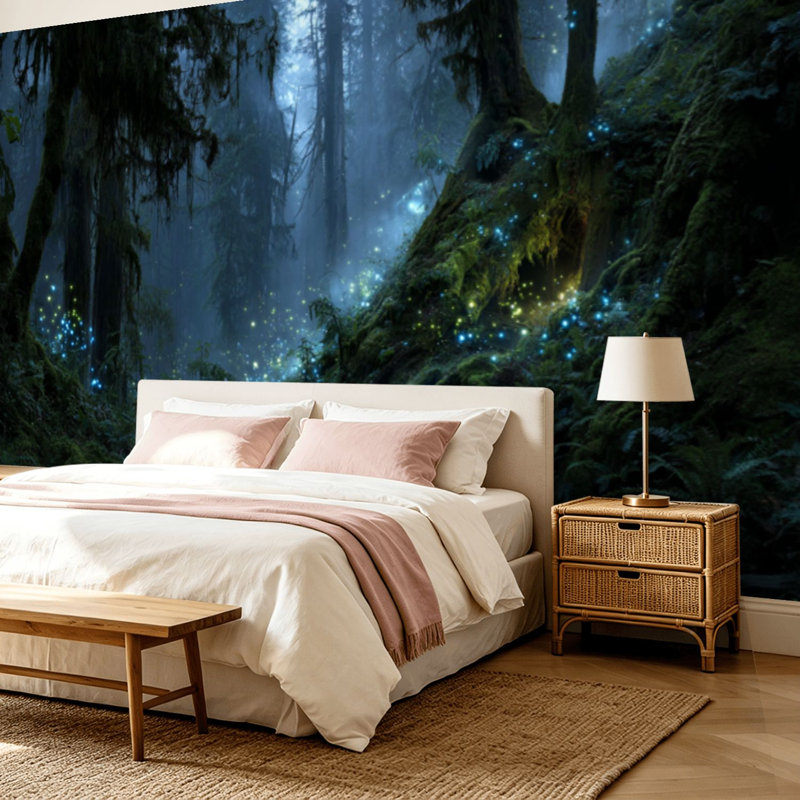 Papier peint adhésif pelez et collez Magical Dark Fairy Tale Forest Night Glowing Lights brouillard et particules Art mural auto-adhésif et amovible