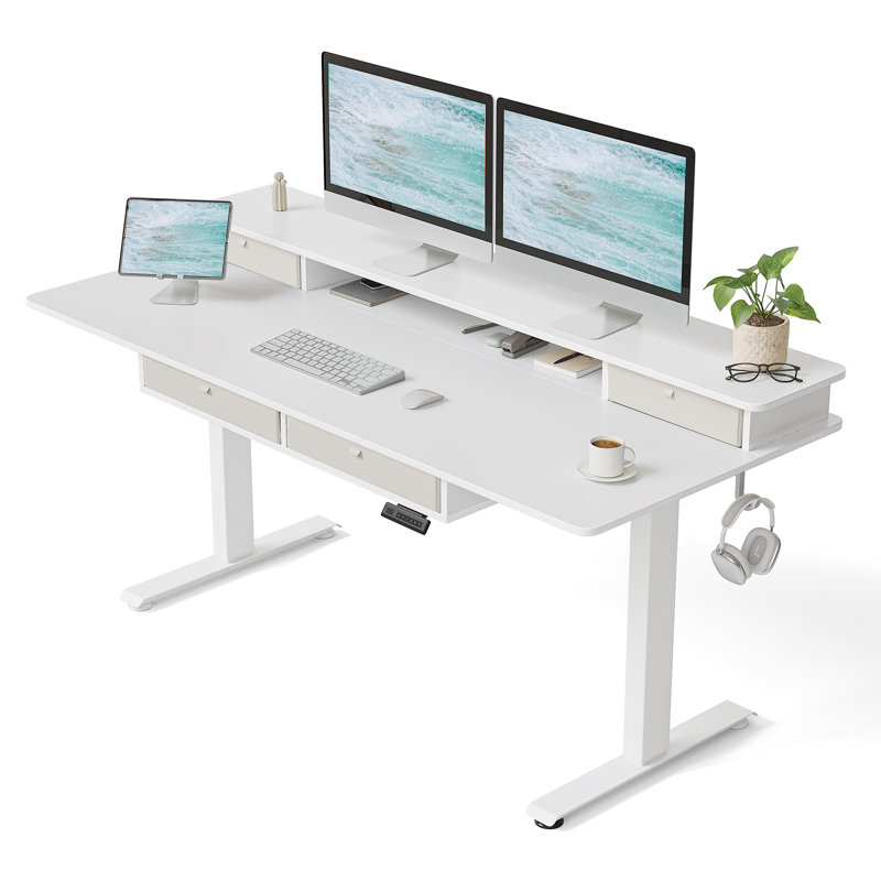 Basil Height Adjustable Standing Desk With Drawers, White, 47.3" H x 63" W x 24" D