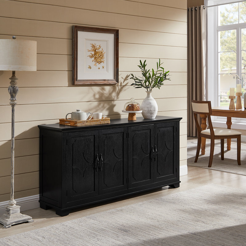 63" Sideboard Buffet With 4 Carved Doors, Modern Storage Cabinets With Adjustable Shelves For Kitchen, Living Room, Black