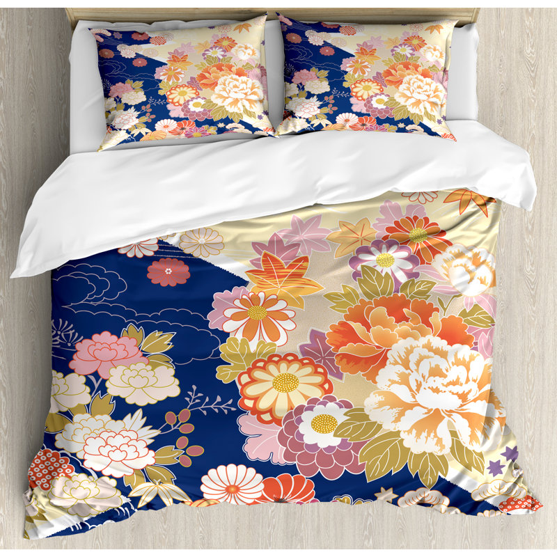 King Blue and Beige Floral Microfiber Duvet Cover Set