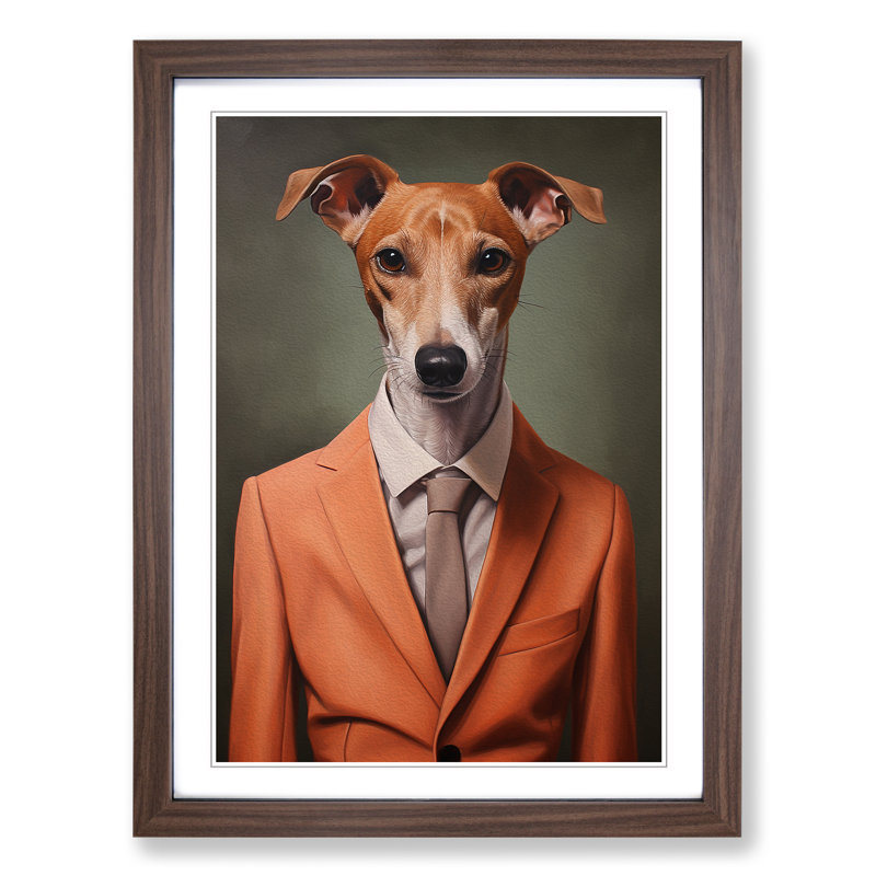 Whippet In A Suit - Single Picture Frame Print on Wood, 46cm H x 34cm W x 2cm D, Walnut Framed