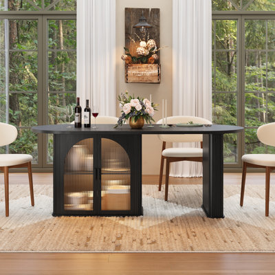 70.87''W Oval Dining Table for 6-8, Modern Kitchen Table with 2-Tier Storage Cabinet & LED Lights For Kitchen, Living Room, Office
