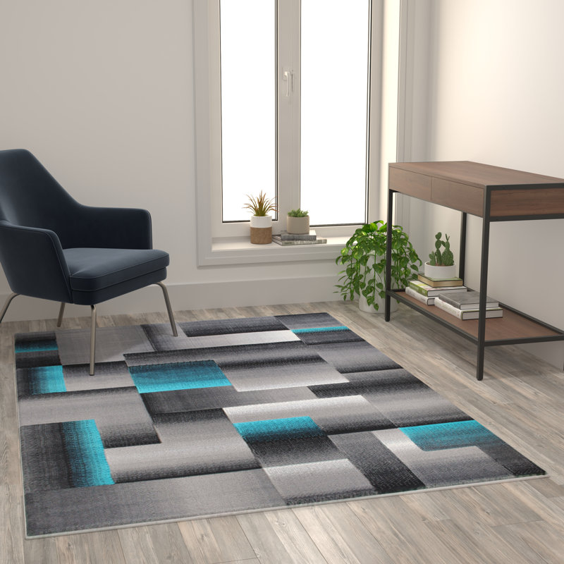 Abbie-May Modern Turquoise and Gray Geometric Style Color Blocked Indoor Area Rug, Rectangle 5' x 7'