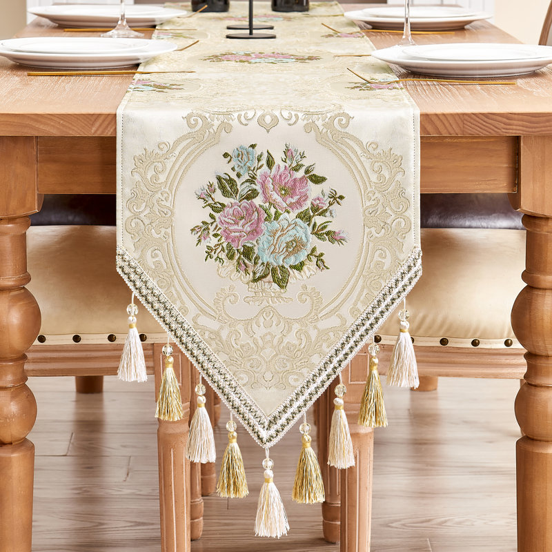 Embourg Rectangle Flowers High Pick Density Fabric Table Runner, 90" L x 13" W