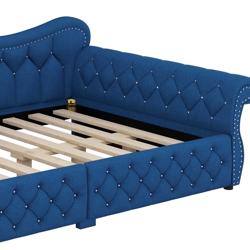 Contemporary Upholstered Daybed Featuring Ambient LED and Decorative Studs, Blue