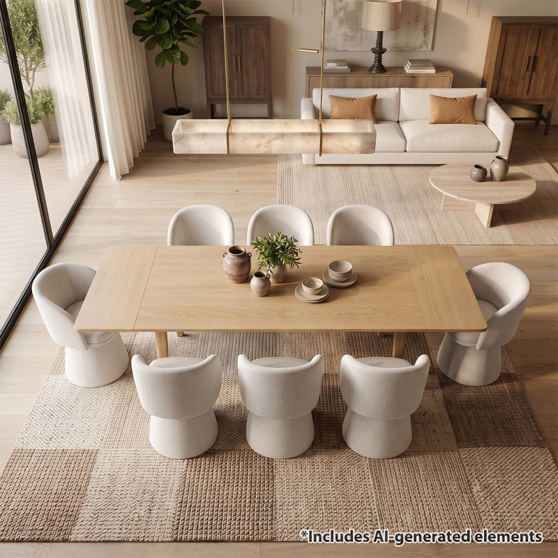 Ensemble de salle à manger extensible avec table en placage de bois véritable et chaises pivotantes à 360° bouclées