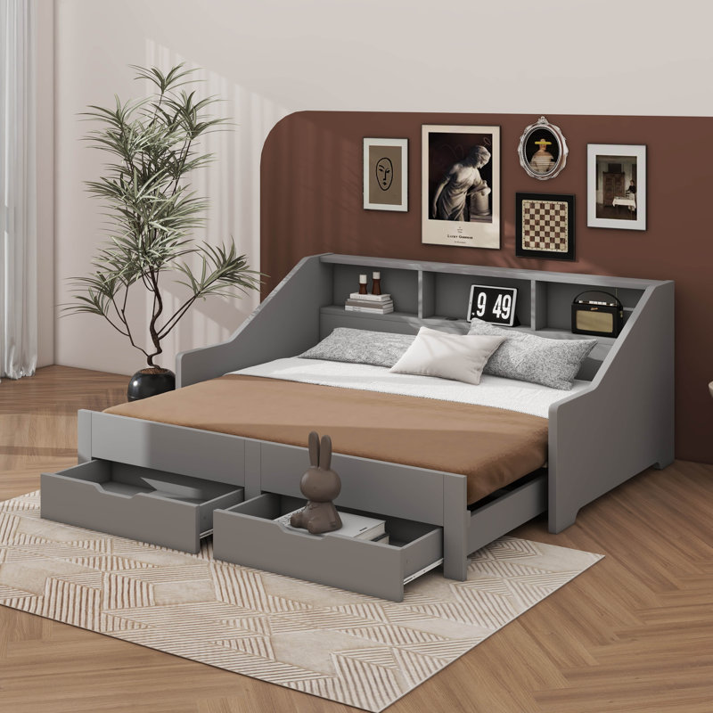 Convertible Daybed Frame King Size With Stylish Storage Bookcases, Grey