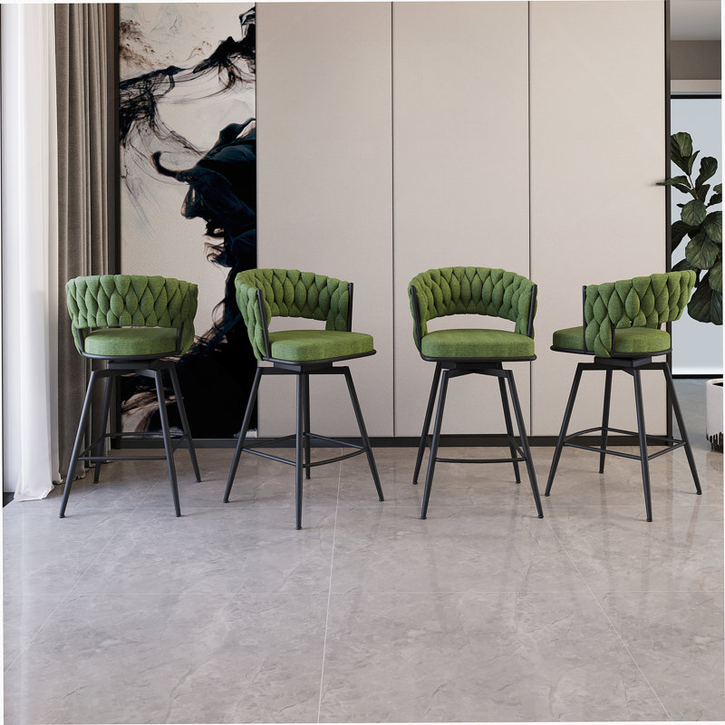 Ensemble de 4 tabourets de bar en suède vert tissé avec pivot à 360 °, pieds noirs et dossier confortable pour îlots et barres de cuisine