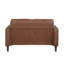 Sofa rustique deux places en similicuir au chocolat, avec accoudoirs droits et passepoil décoratif.