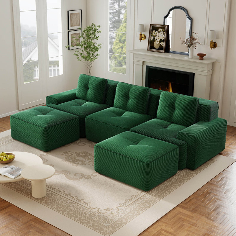 Canapé modulaire 115 po avec 2 repose-pieds mobiles Corduroy, Green Corduroy