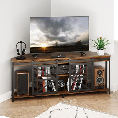 Meuble télé de coin rustique, centre multimédia avec étagères de rangement, console multimédia gain de place pour salon