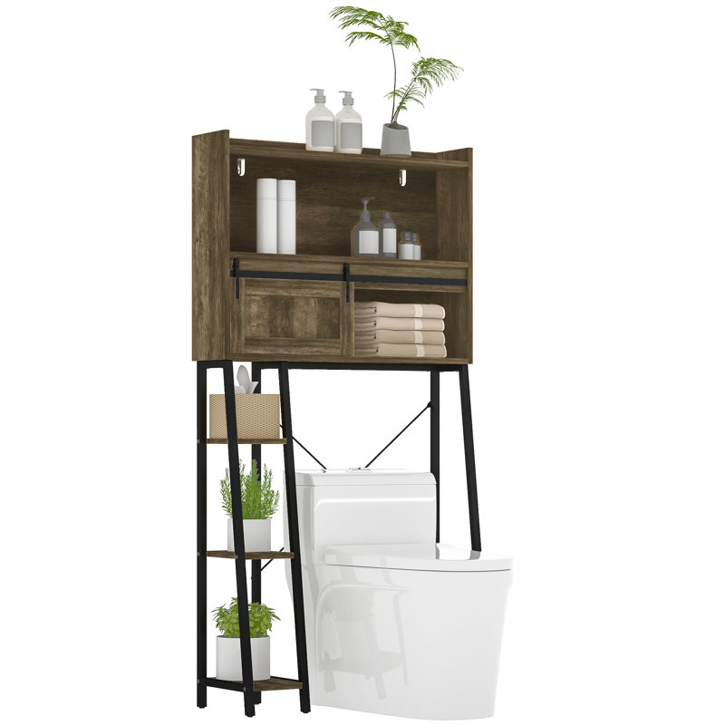 Over The Toilet Storage Cabinet, Freestanding Over Toilet Bathroom Organizer With Sliding Door, 3 Storage Compartments And 4 Open Shelves,wood
