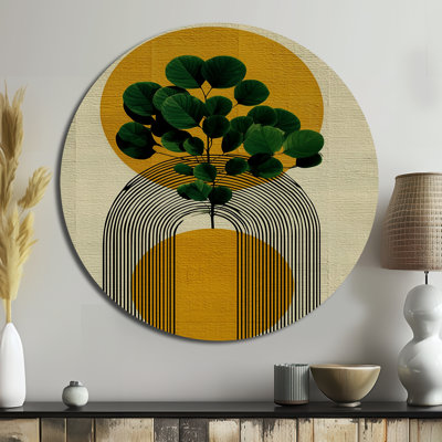 Green And Yellow Bohemian Geometric Plant - Abstract Midcentury Round Metal Wall Art