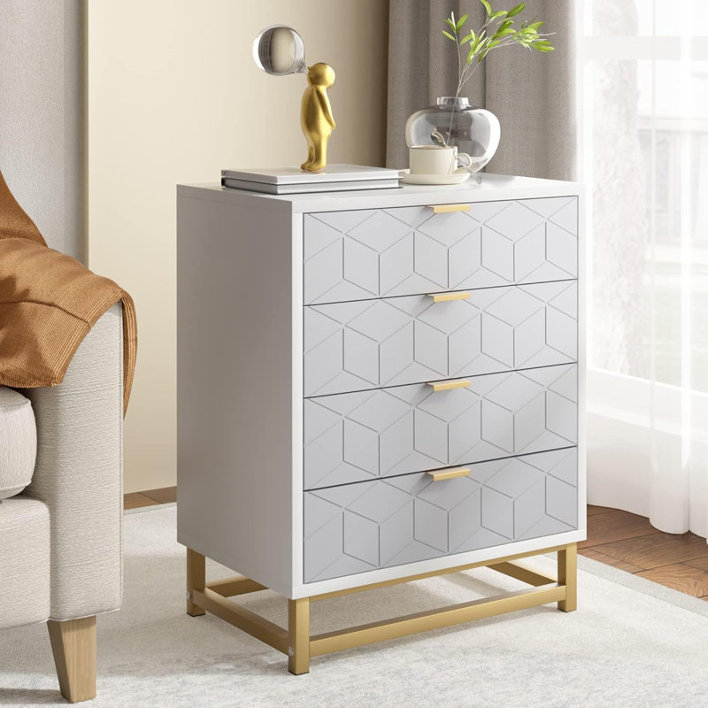 Commode pour chambre à coucher, commode 4 tiroirs avec pieds en métal, commode en bois avec rangement large, Gris