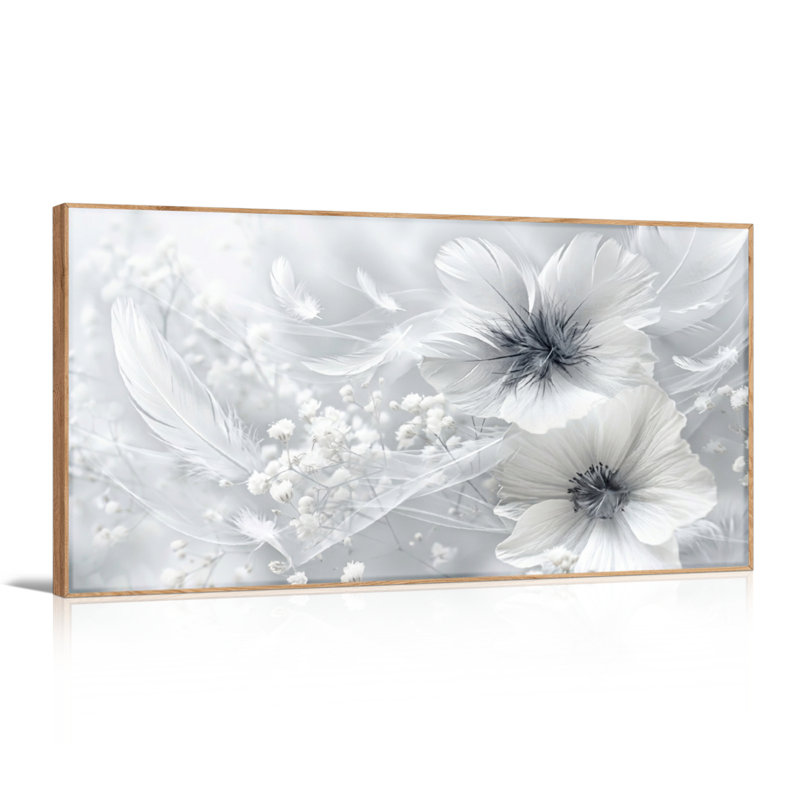 Ensemble de 1 tableau sur toile à motif floral et plumes, 48“W x 24”H, Natural