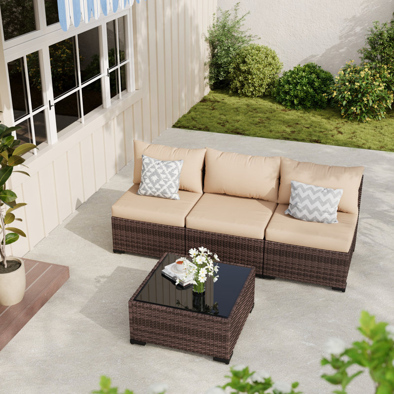 Ensemble canapé de jardin 3 places en résine tressée avec coussins et table basse en verre, Kaki
