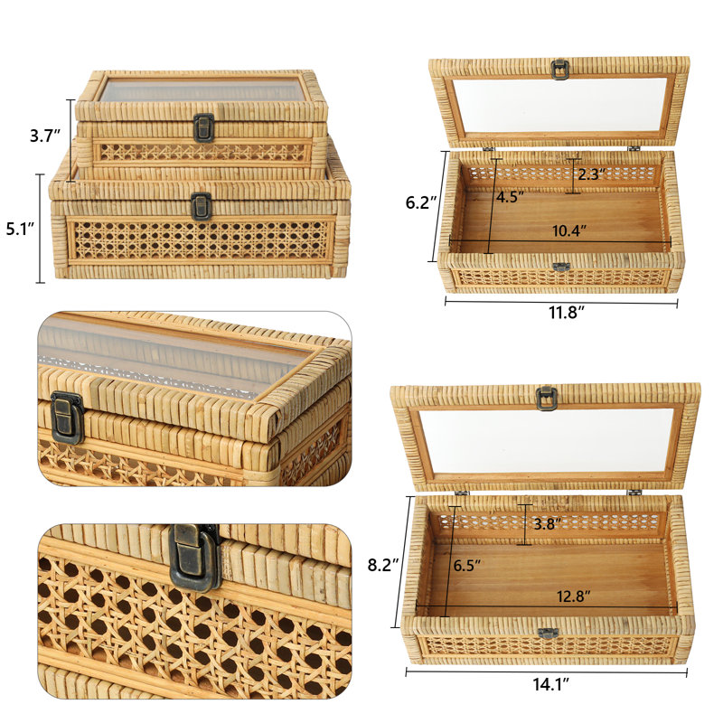 Blynda Rattan 2-Piece Decorative Box Set with Glass Top, Natural