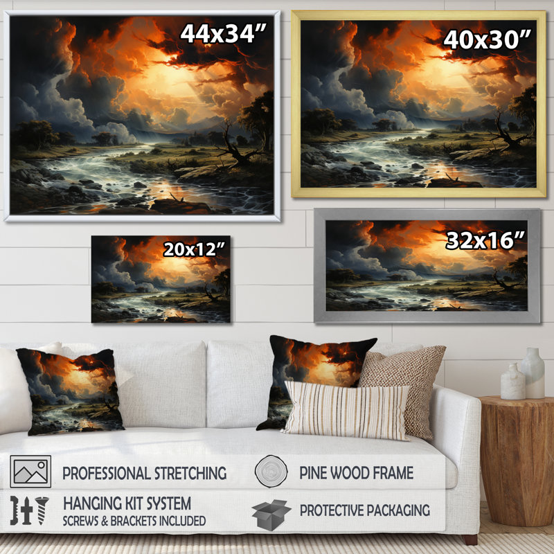 Tempête orange orangée éphémère sur toile, H 34 po x l 44 po x P 1,5 po, Cadre simple argenté