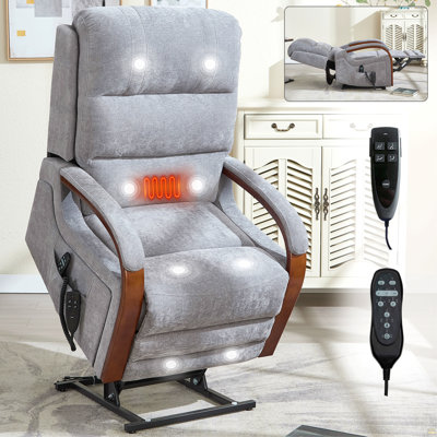 Power Grey Chenille Lift Recliner Chair Dual Motor Infinite Position Up To 350 LBS With Solid Wood Armrests, Heat Massage And Heavy Duty Motion Mechanism