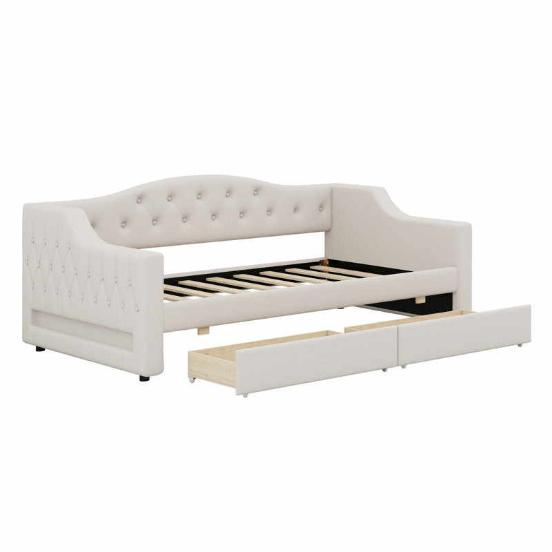Lit de jour rembourré avec ceinture à DEL et tiroirs, Beige