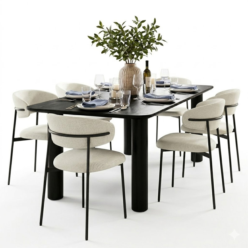 Modern 7-Piece Dining Set With Rectangular Wood Table And Upholstered Curved Back Chairs, Beige