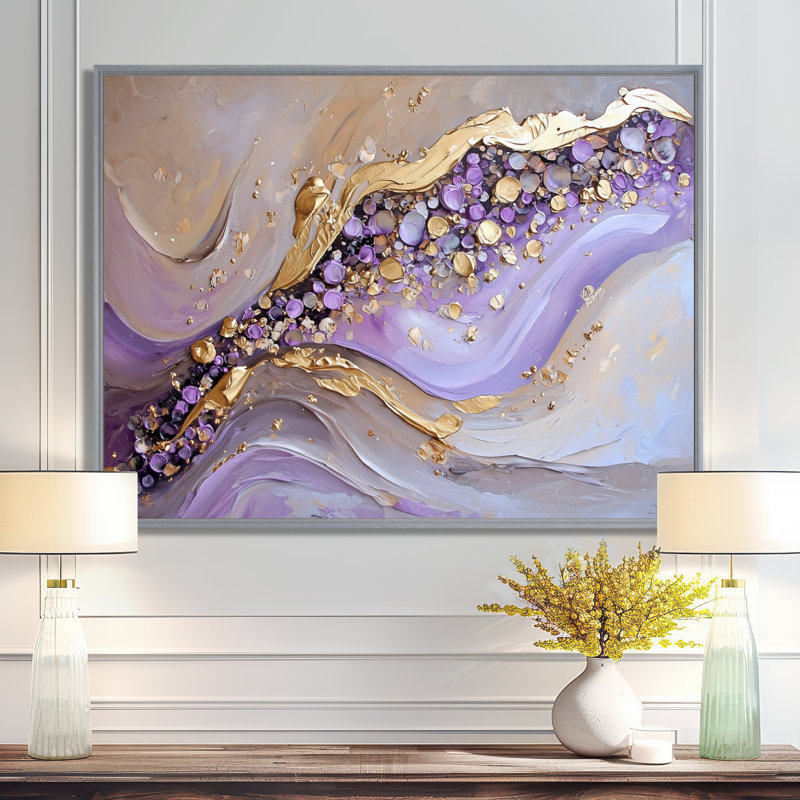 Géode dorée et mauve, pierres, rivière II, Argent argent, H 30 po x l 40 po