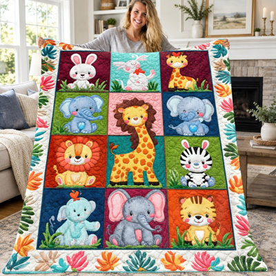 1pc Cute Cartoon Animal Quilt, Adorable Jungle Safari Baby Animals Print Quilt, Super Soft Cozy Lightweight Warm Quilt for Sofa Bed Living Room Dorm Office Travel, Home Decor All‑Season Quilt, Machine Washable, Holiday Housewarming Gift