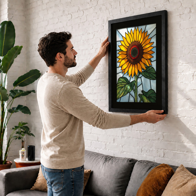 Stained Glass Sunflower Botanical - Print, A2 - 59.4 x 42.0 cm, Walnut