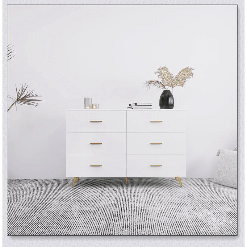 Commode 6 tiroirs très brillante avec poignées dorées et pieds en acier, parfaite pour les chambres modernes et élégantes