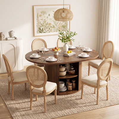 7-Piece Farmhouse Dining Set with Extendable Pedestal Table, Open Shelving, and Rattan-Back Upholstered Chairs