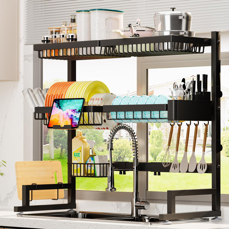 Over The Sink Dish Drying Rack (Expandable Height and Length) Snap-On Design 2 Tier Large Dish Rack (27-36L x 12W x 32.5-37H (inches))