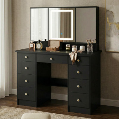Bureau de maquillage avec miroir pliable et lumières réglables