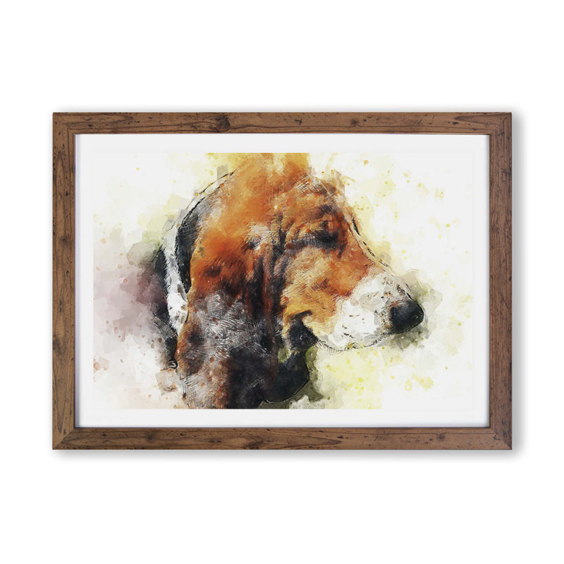 Basset Hound Dog - Single Picture Frame Painting, 45cm H x 63cm W x 2cm D, Walnut