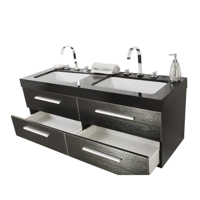 1400mm Wall Mounted Double Sink Vanity Unit, Black
