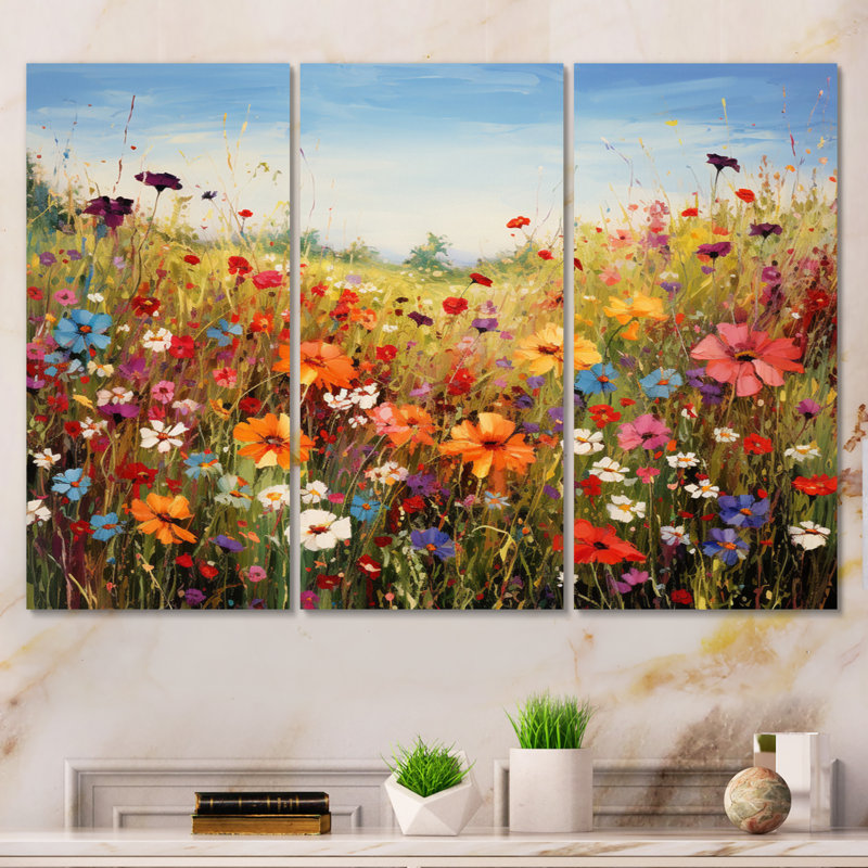 Fleurs colorées de prairies colorées I sur toile, 3 pièces, H 40 po x l 60 po x P 1 po