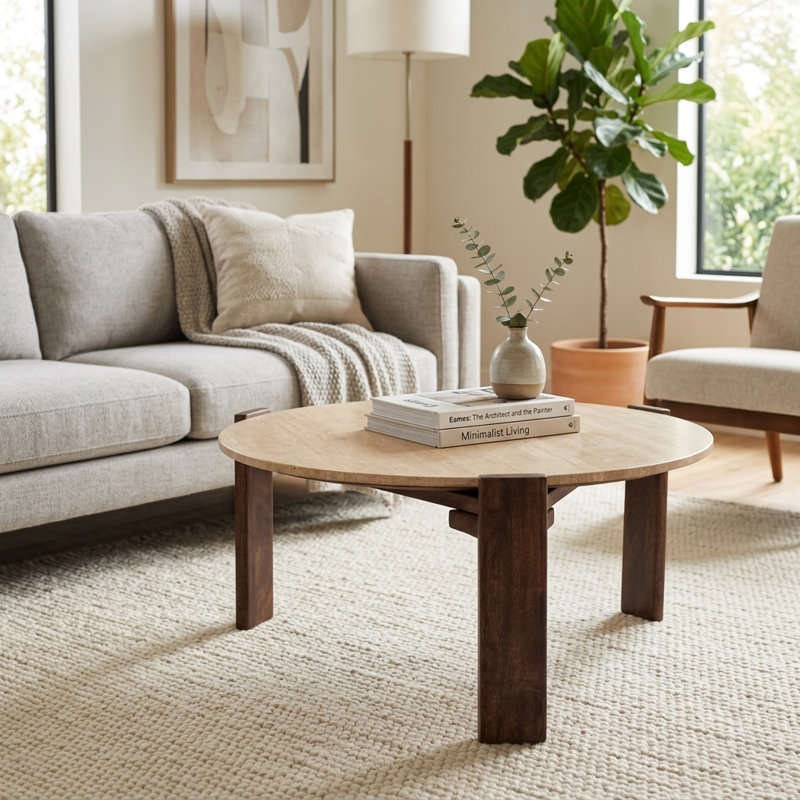 Table basse moderne en bois et travertin moderne pour le salon - Petite table d'appoint avec base robuste pour chambre à coucher - 37 po, brun et brun clair
