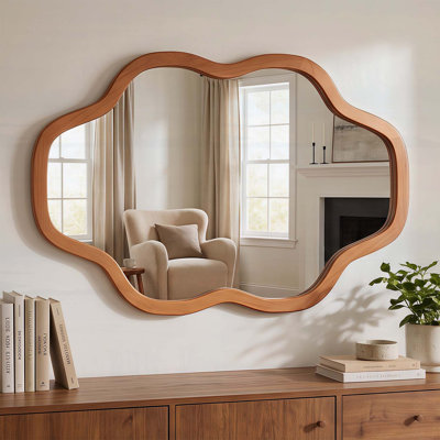 Miroir décoratif en bois massif brun jaunâtre de 20 x 30 pouces avec cadre en bois massif