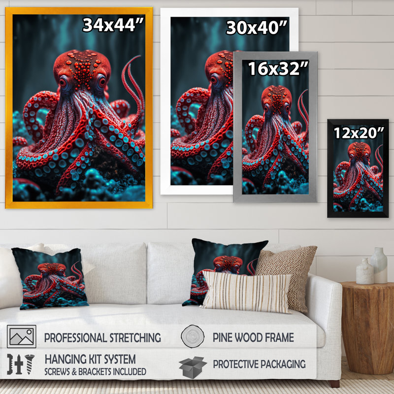 «Katyria Red Octopus On The Ocean Floor IV», reproduction sur toile, L 12 po x H 20 po, Impression dorée sur toile encadrée