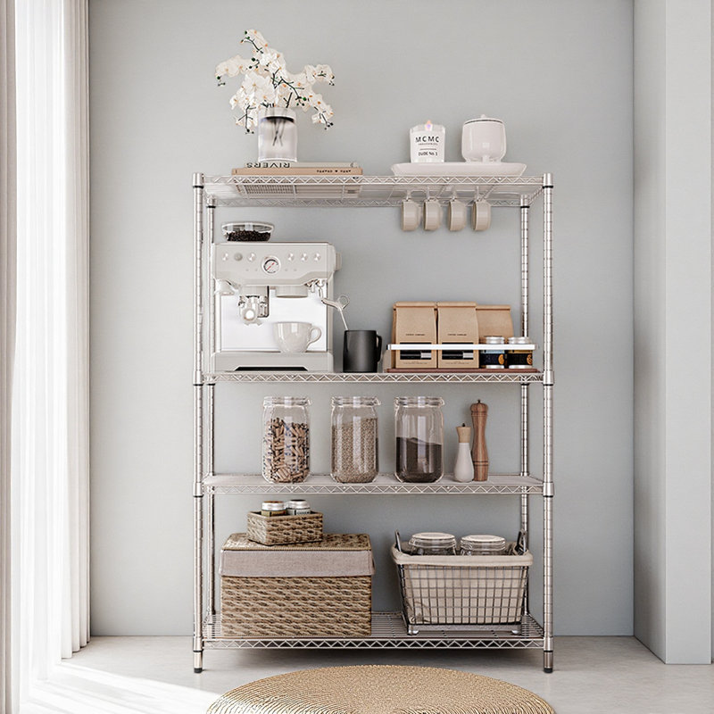 Étagère de rangement à 5 tablettes de 1400 lb, étagère grillagée en métal robuste, étagère de garage réglable pour garde-manger (chrome, 4 niveaux, P 15,8 po x l 45,3 po x H 59,4 po)